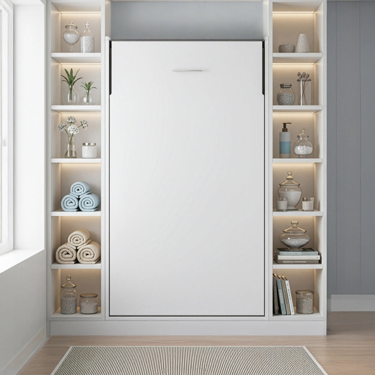 Single Wall Bed in White Gloss &ndash; Space Saving Murphy Bed Kit with Silver Door Handle