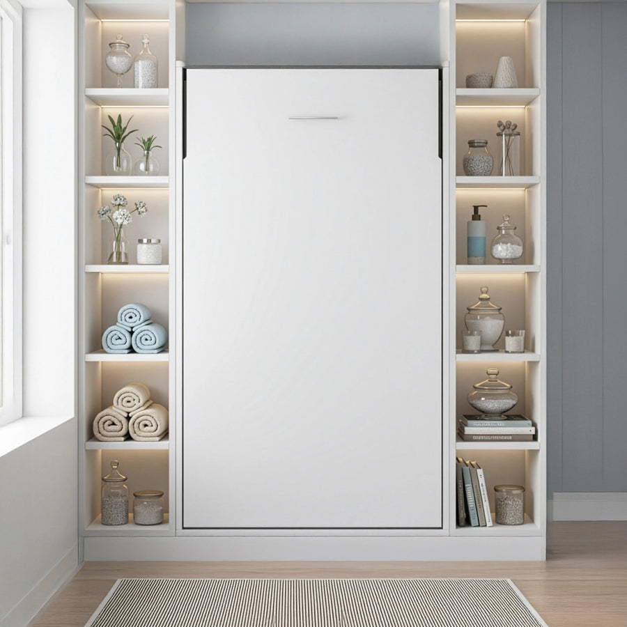 Single Wall Bed in White Gloss &ndash; Space Saving Murphy Bed Kit with Silver Door Handle