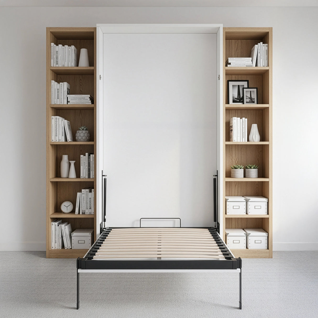 Single Wall Bed in White Gloss &ndash; Space Saving Murphy Bed Kit with Black Door Handle