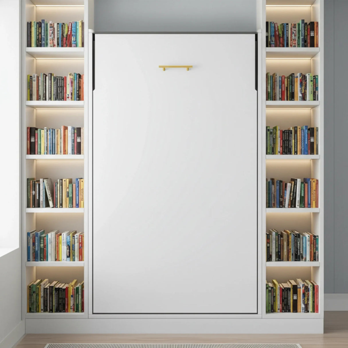Single Wall Bed in White Gloss &ndash; Space Saving Murphy Bed Kit with Gold Door Handle