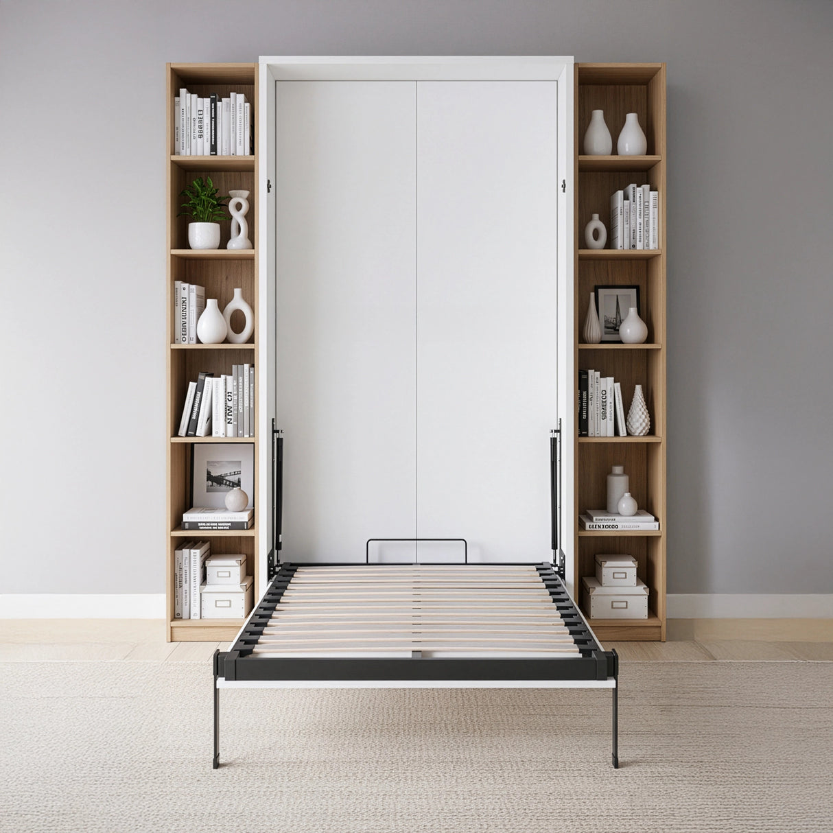 Single Wall Bed in White &ndash; Space Saving Murphy Bed Kit with Black Door Handle