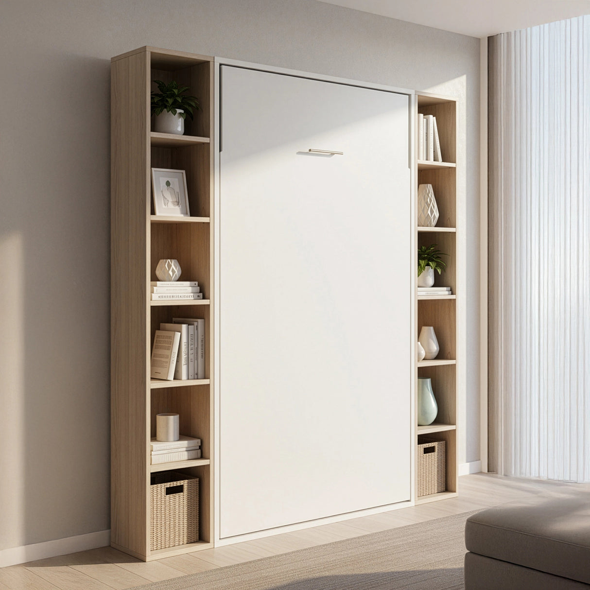 King-single Wall Bed in White &ndash; Space Saving Murphy Bed Kit with Black Door Handle