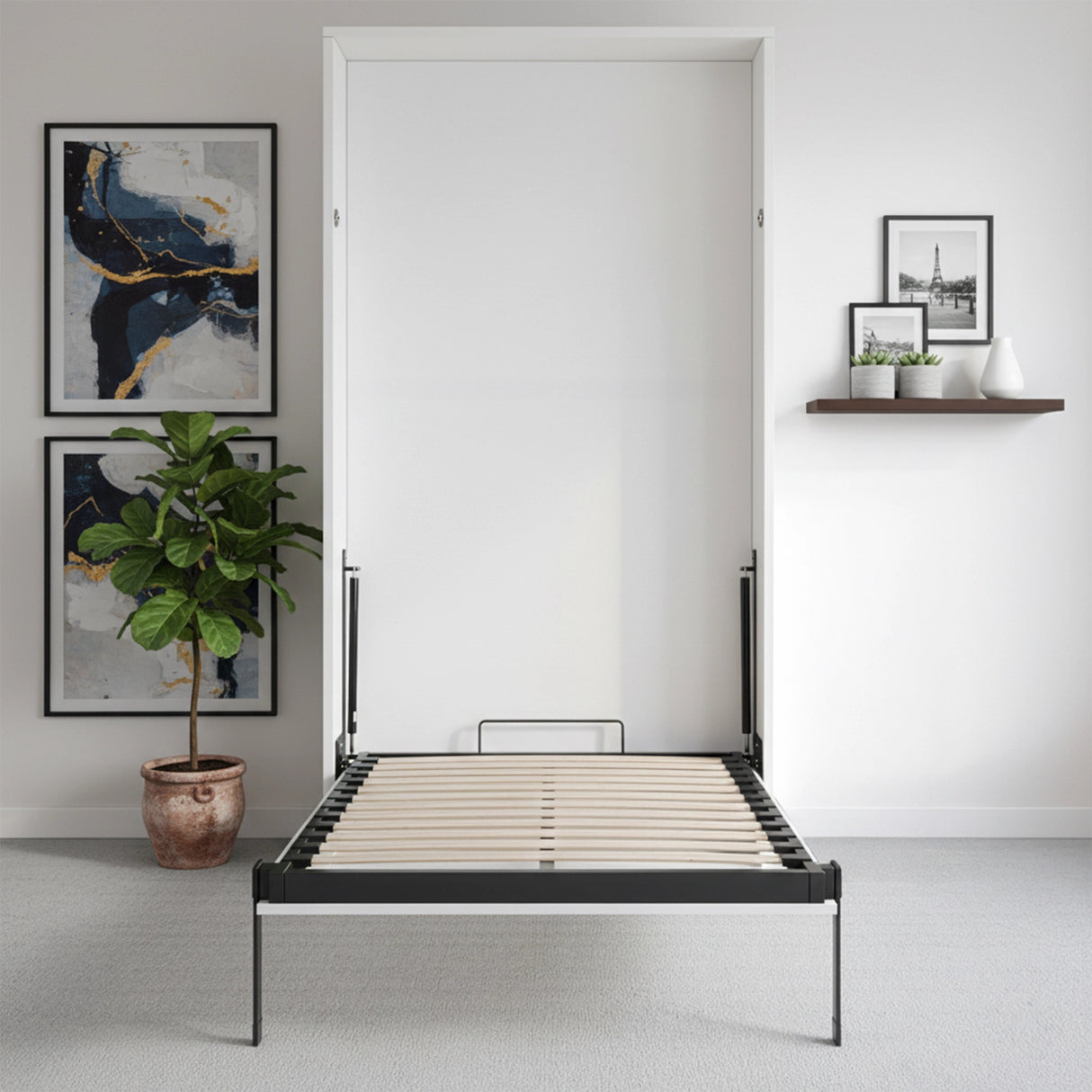 King-single Wall Bed in White &ndash; Space Saving Murphy Bed Kit with Gold Door Handle