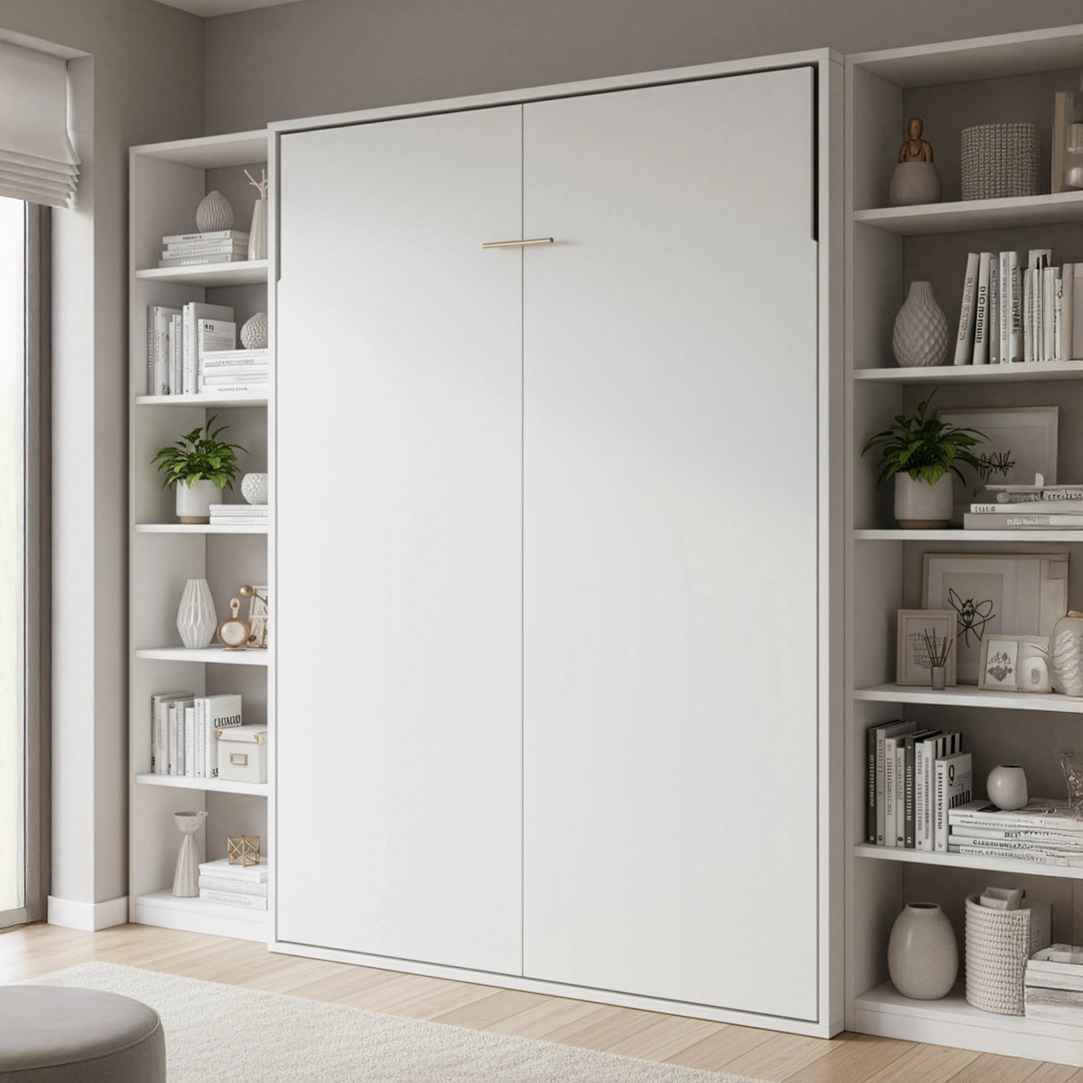 Queen Wall Bed in White &ndash; Space Saving Murphy Bed Kit with Silver Door Handle