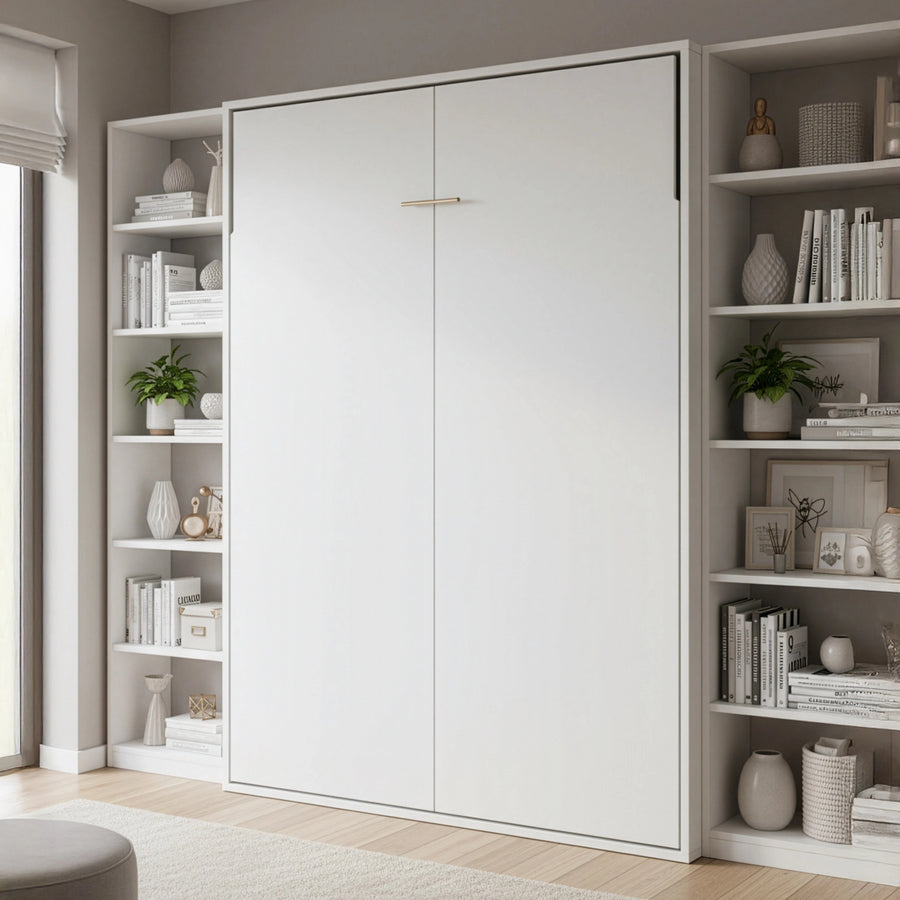 Queen Wall Bed in White &ndash; Space Saving Murphy Bed Kit with Silver Door Handle
