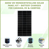 500W 12V Monocrystalline Solar Panel Kit &ndash; Battery Charger for Caravan, RV & Camping - Side View