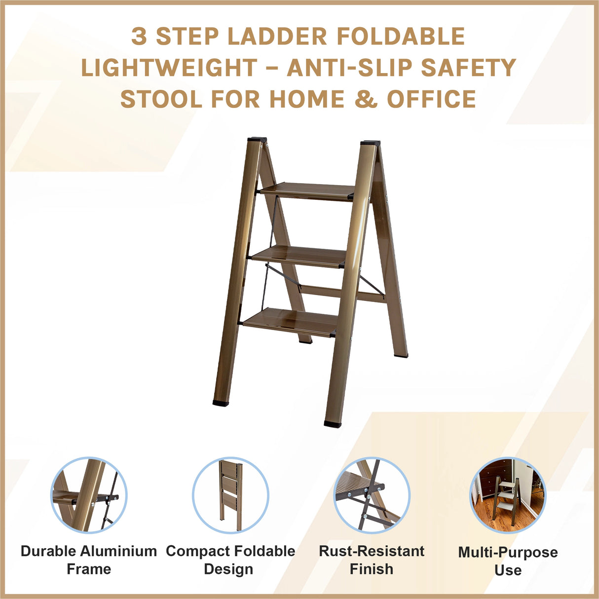3 Step Ladder Foldable Lightweight &ndash; Anti-Slip Safety Stool for Home & Office