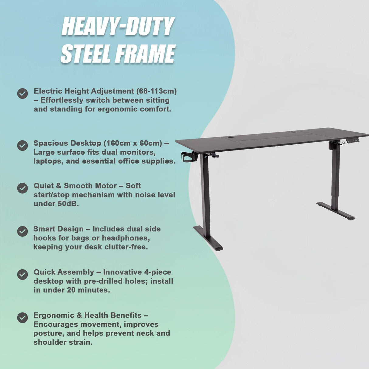 160cm Electric Standing Desk &ndash; Height Adjustable Sit Stand Office Table in Black