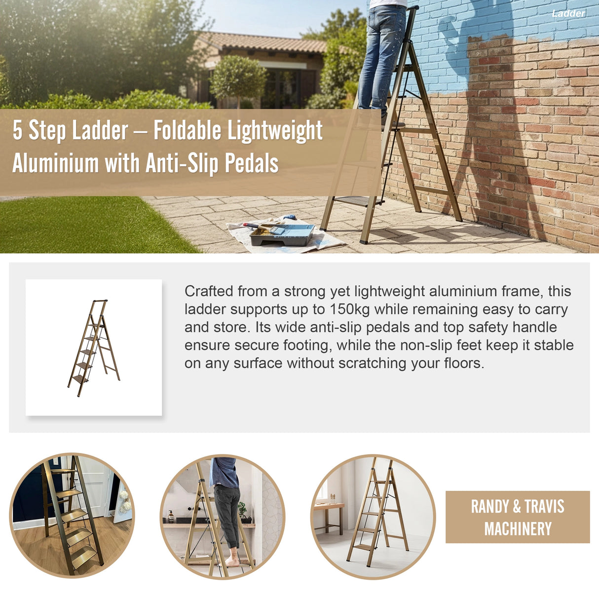 5 Step Ladder &ndash; Foldable Lightweight Aluminium with Anti-Slip Pedals