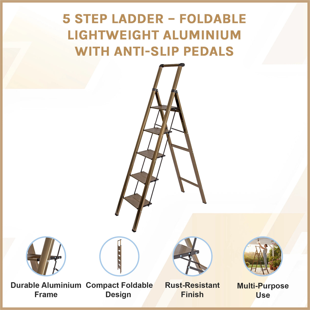 5 Step Ladder &ndash; Foldable Lightweight Aluminium with Anti-Slip Pedals