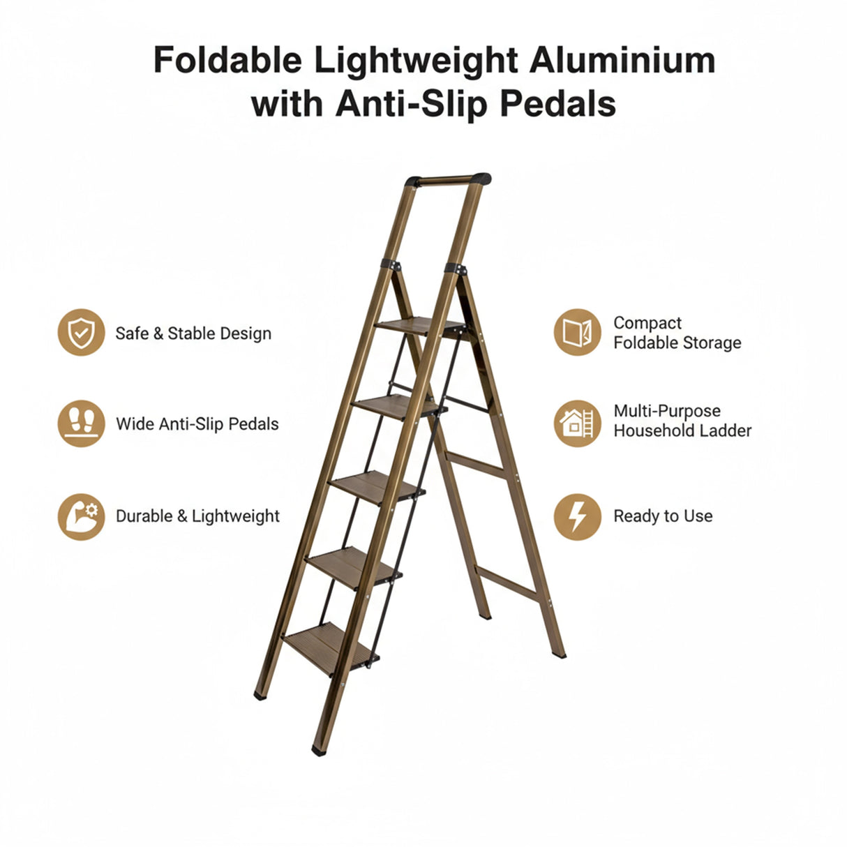 5 Step Ladder &ndash; Foldable Lightweight Aluminium with Anti-Slip Pedals