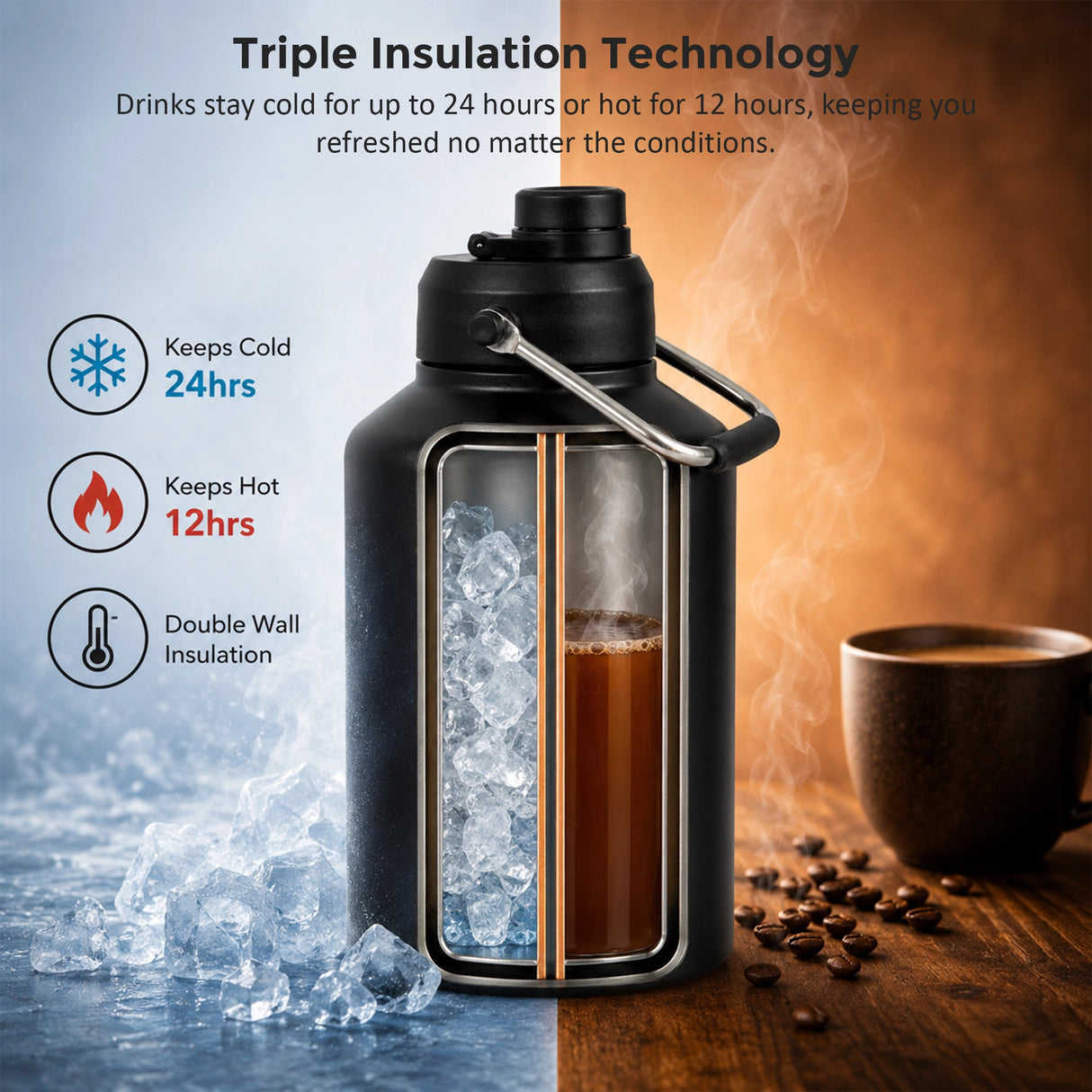 3.8L Double Wall Insulated Stainless Steel Water Bottle &ndash; Large Hot & Cold Drink Jug