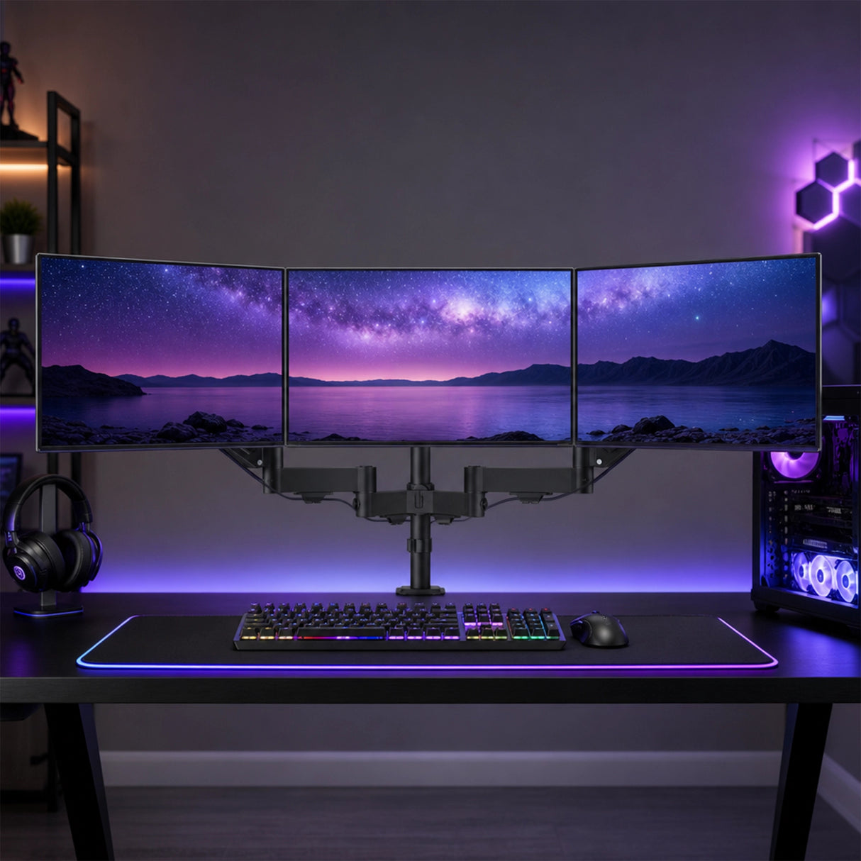 Triple Monitor Mount Stand &ndash; Desk Clamp with 3 Adjustable Arms for Multi-Screen Setup
