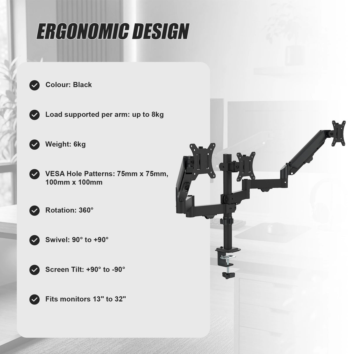 Triple Monitor Mount Stand &ndash; Desk Clamp with 3 Adjustable Arms for Multi-Screen Setup