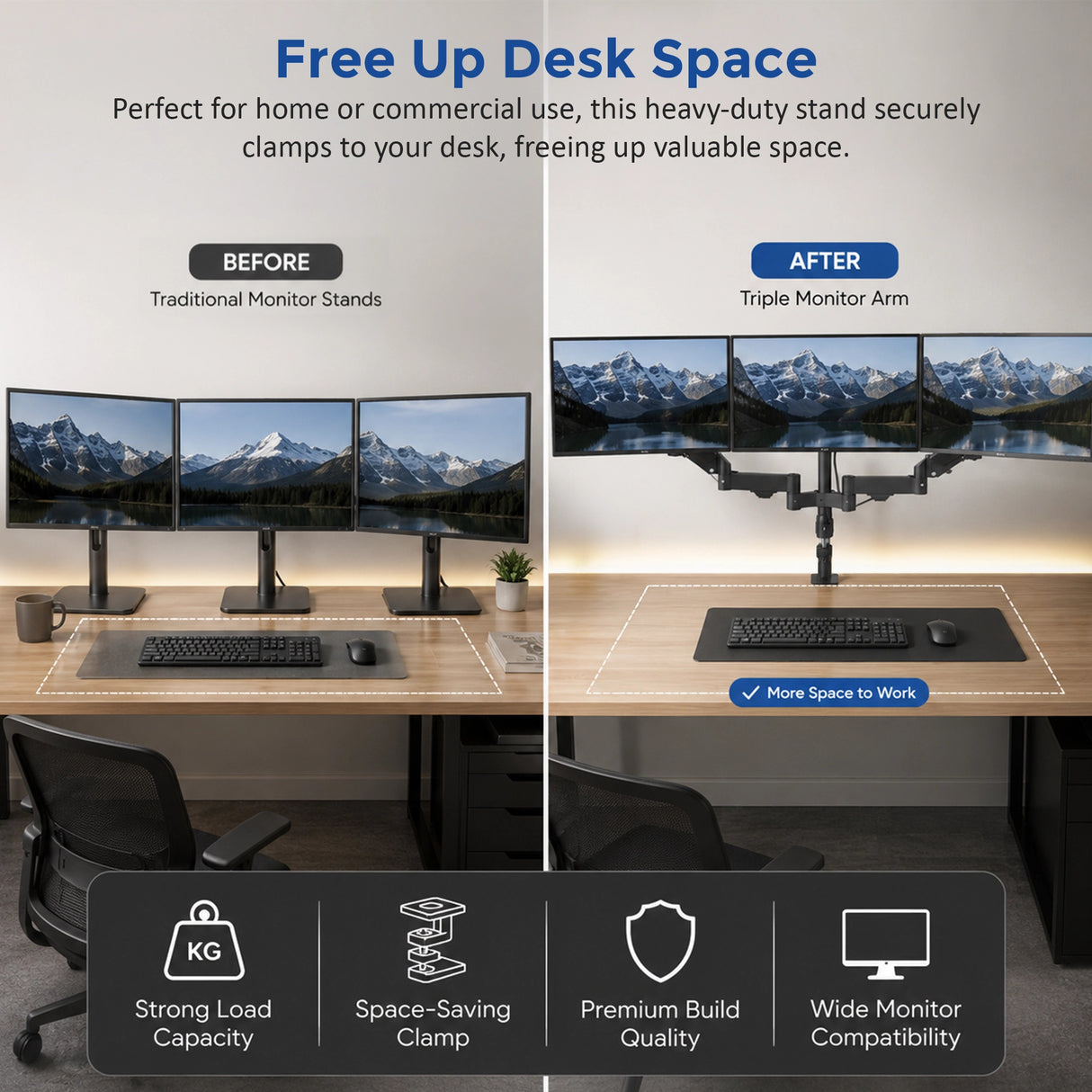 Triple Monitor Mount Stand &ndash; Desk Clamp with 3 Adjustable Arms for Multi-Screen Setup