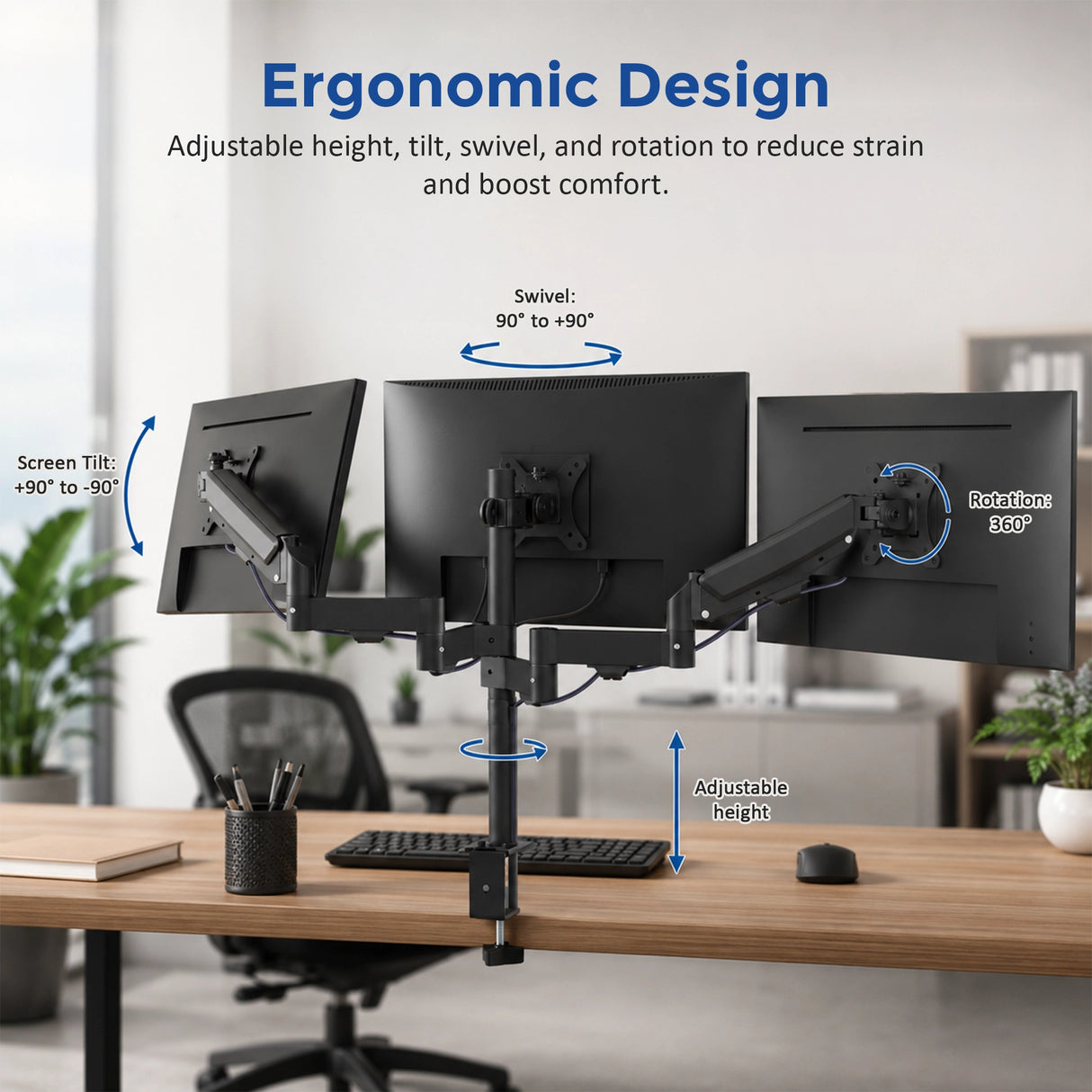 Triple Monitor Mount Stand &ndash; Desk Clamp with 3 Adjustable Arms for Multi-Screen Setup