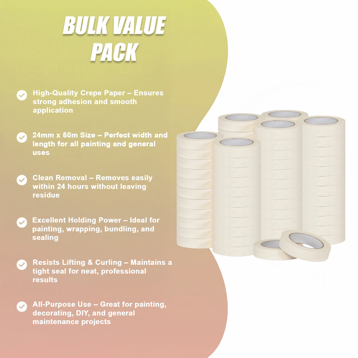 72 x White Masking Tape Rolls &ndash; 24mm x 50m Painters Adhesive Tape for Painting