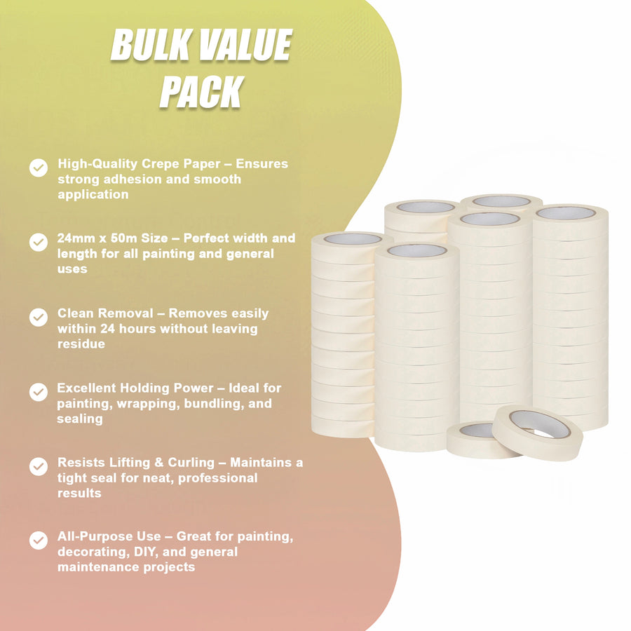 72 x White Masking Tape Rolls &ndash; 24mm x 50m Painters Adhesive Tape for Painting