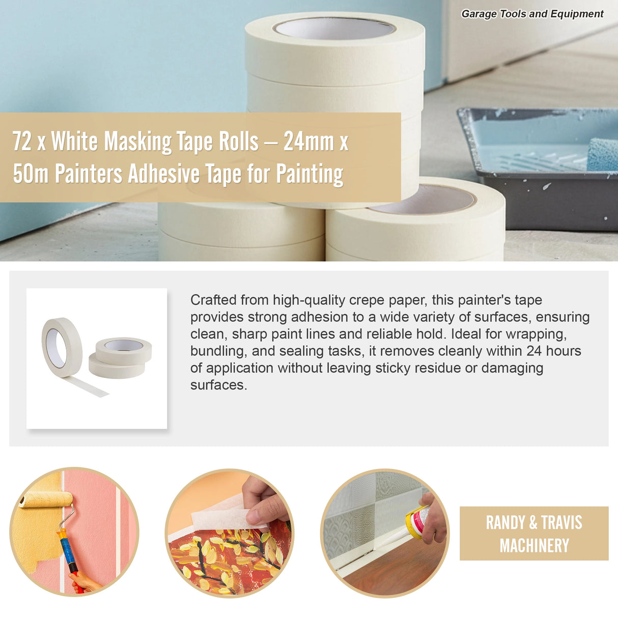 72 x White Masking Tape Rolls &ndash; 24mm x 50m Painters Adhesive Tape for Painting