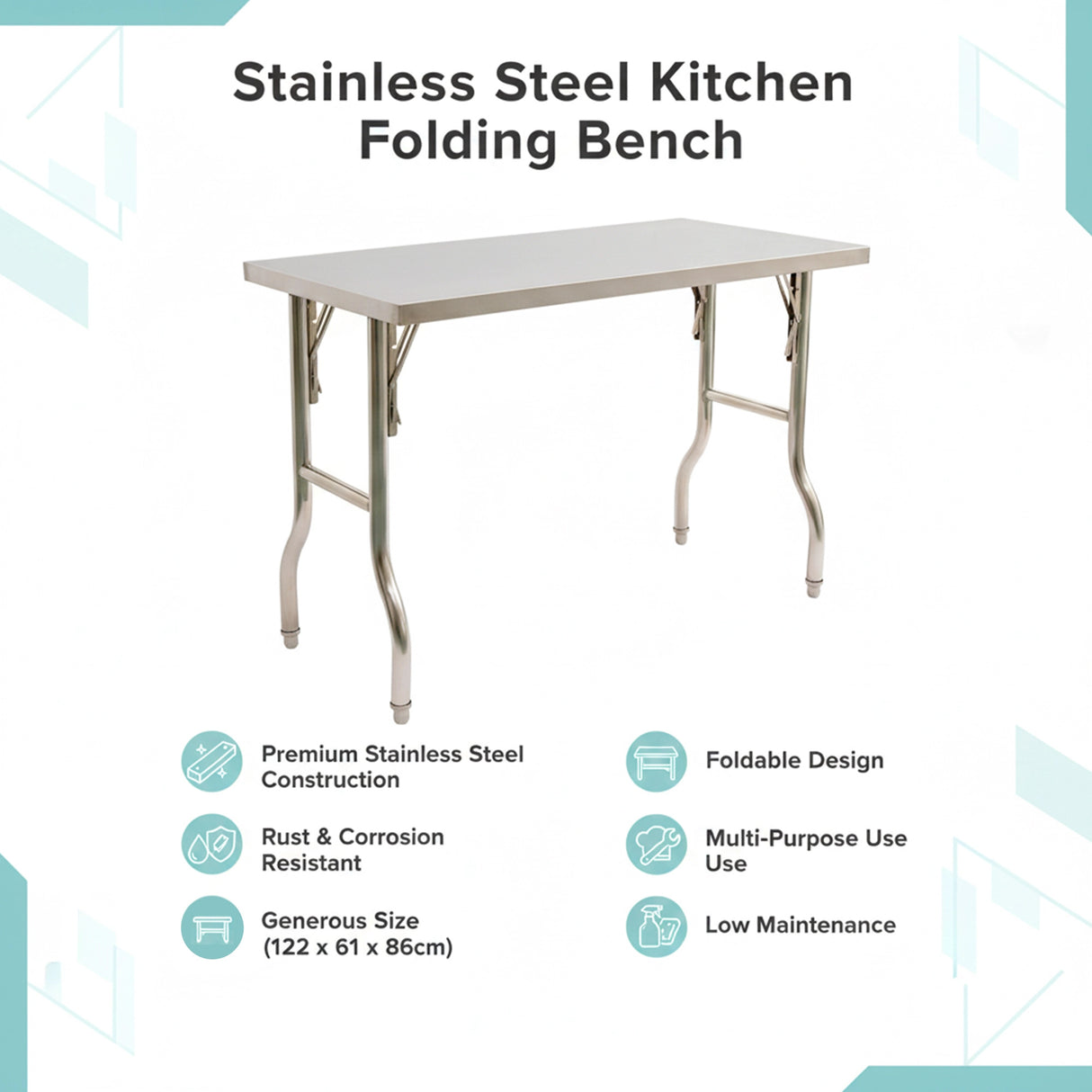 Stainless Steel Kitchen Bench Folding Commercial Prep Work Table 122x61cm