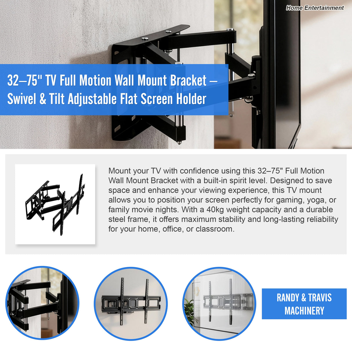 32&ndash;75" TV Full Motion Wall Mount Bracket &ndash; Swivel & Tilt Adjustable Flat Screen Holder