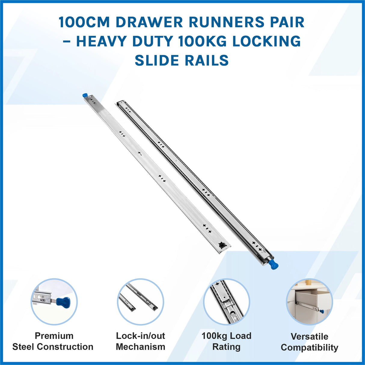 100cm Drawer Runners Pair &ndash; Heavy Duty 100kg Locking Slide Rails