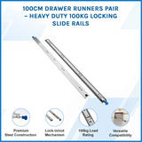 100cm Drawer Runners Pair &ndash; Heavy Duty 100kg Locking Slide Rails - Side View