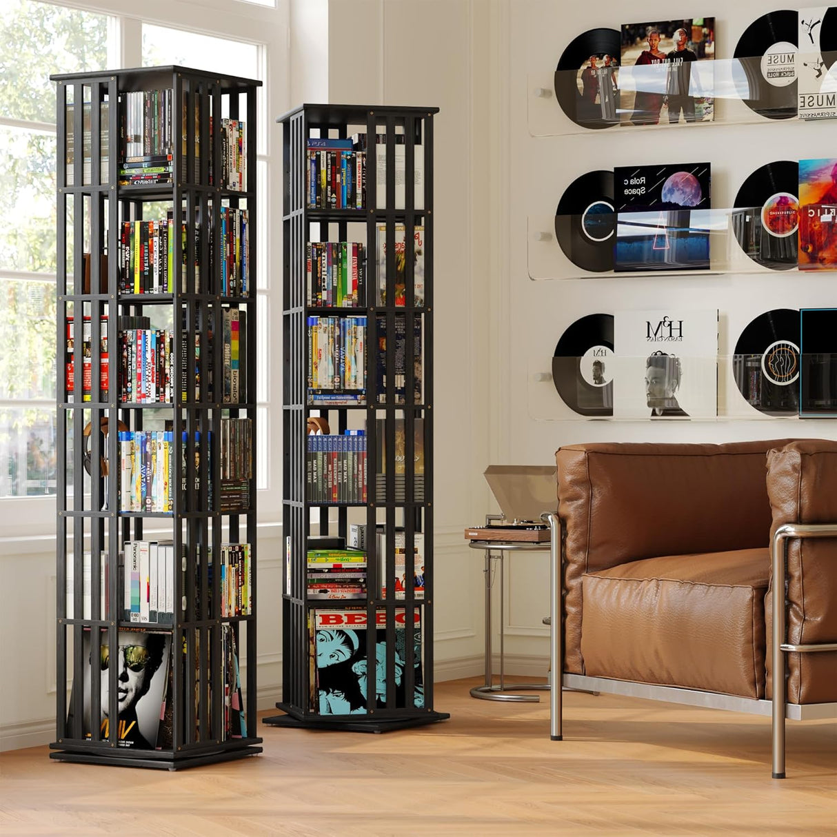 360 Rotating Bookshelf Bamboo Storage Display Rack Shelving in Black