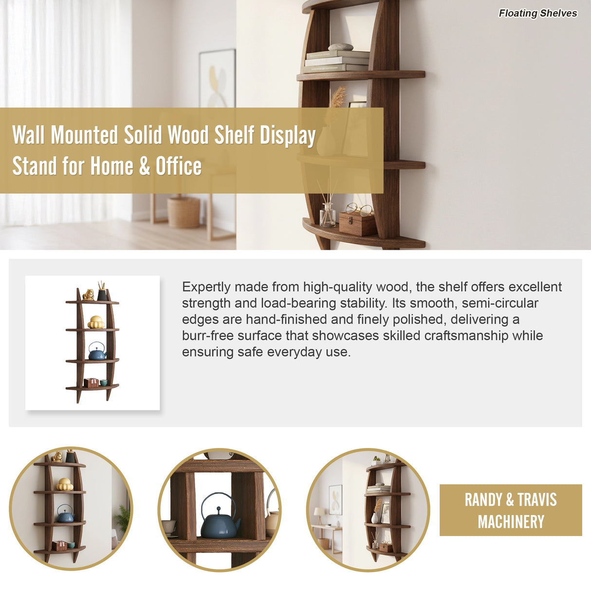 Wall Mounted Solid Wood Shelf Display Stand for Home & Office