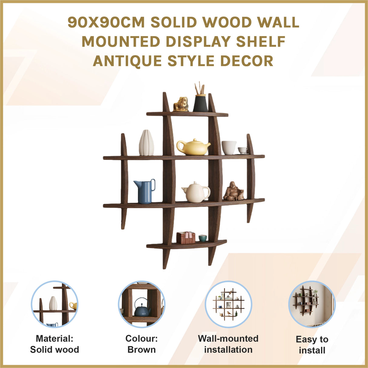 90x90cm Solid Wood Wall Mounted Display Shelf Antique Style Decor