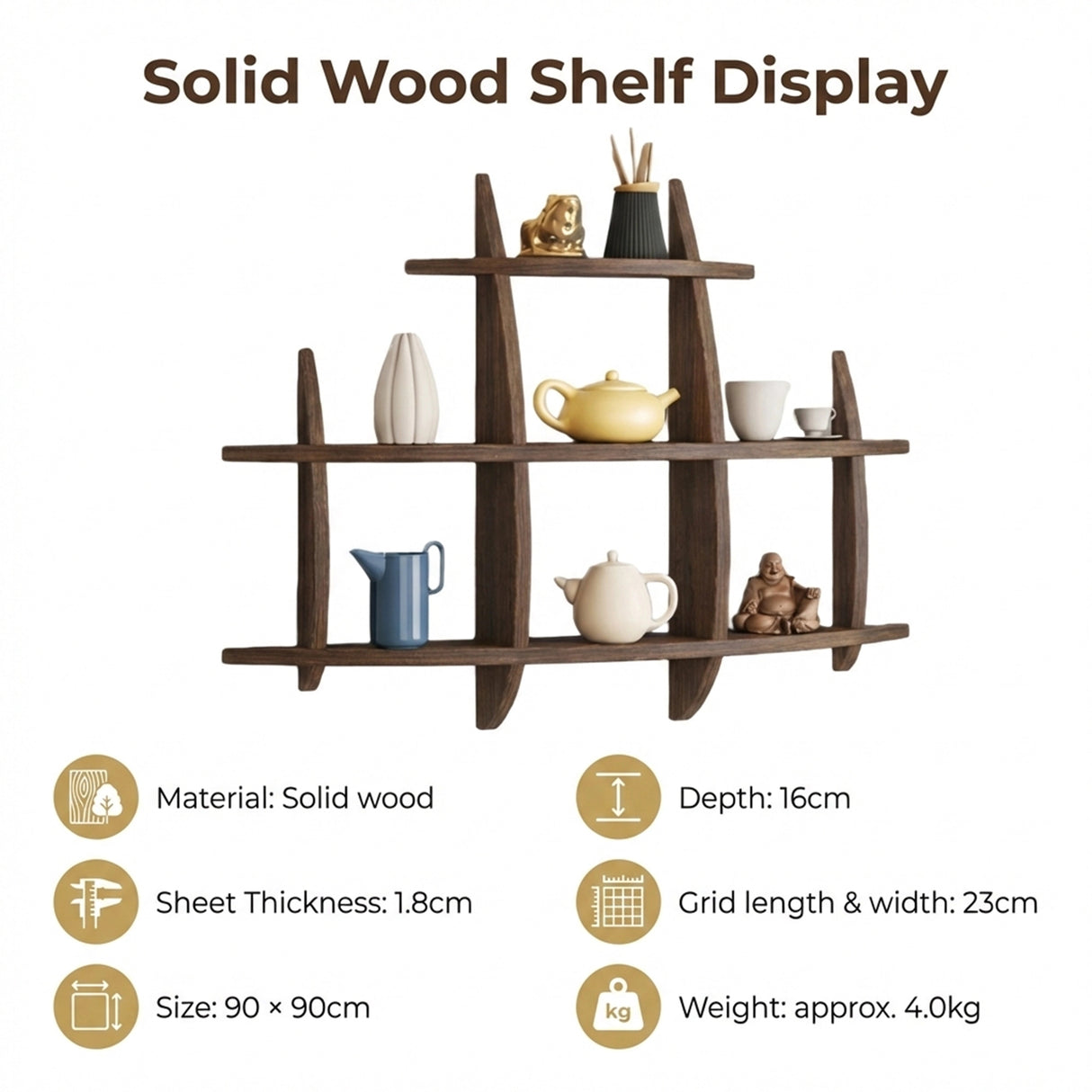 90x90cm Solid Wood Wall Mounted Display Shelf Antique Style Decor