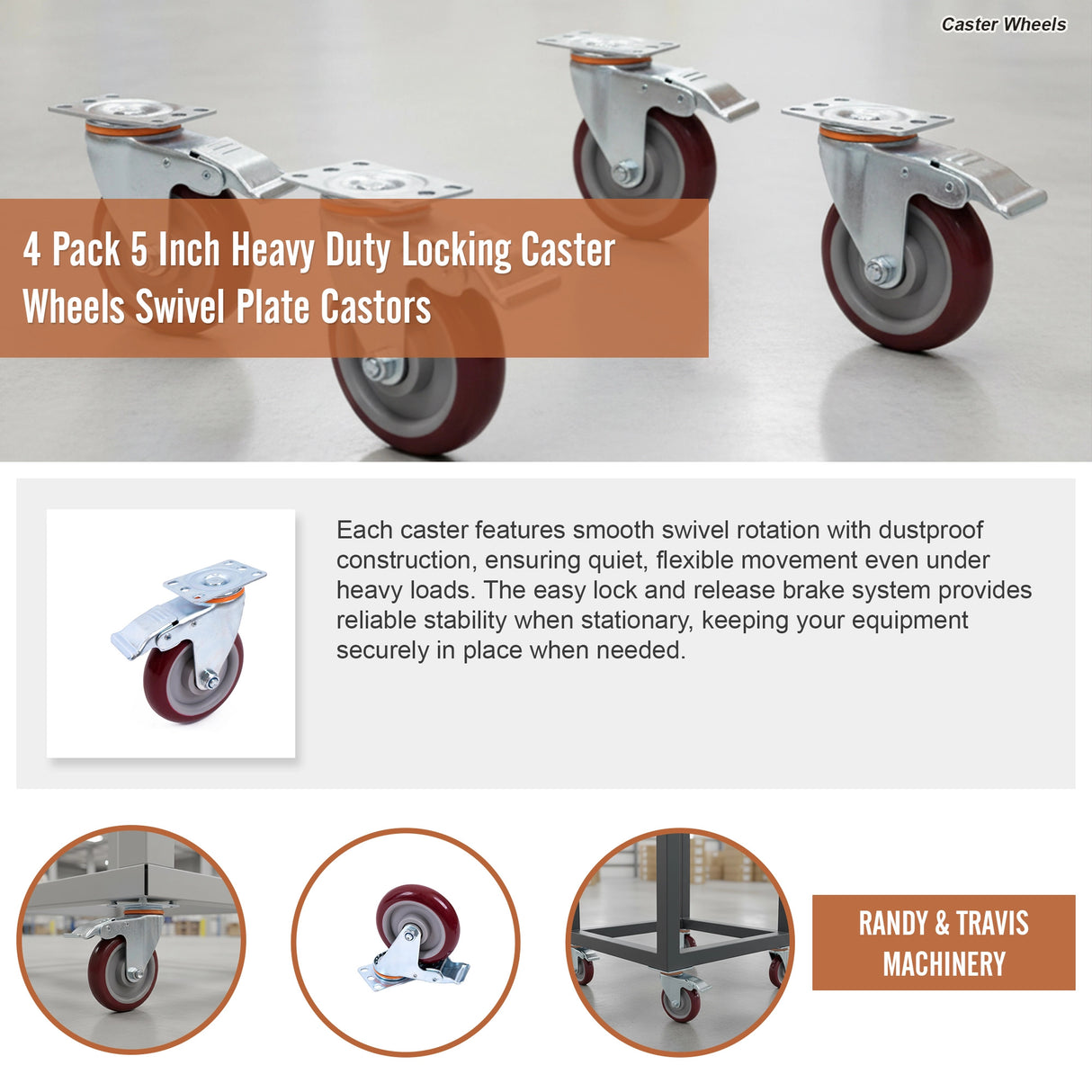 4 Pack 5 Inch Heavy Duty Locking Caster Wheels Swivel Plate Castors