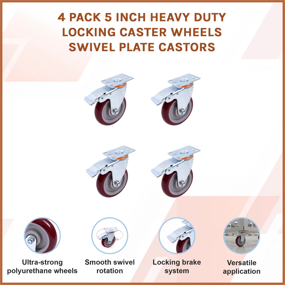 4 Pack 5 Inch Heavy Duty Locking Caster Wheels Swivel Plate Castors