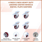 4 Pack 5 Inch Heavy Duty Locking Caster Wheels Swivel Plate Castors