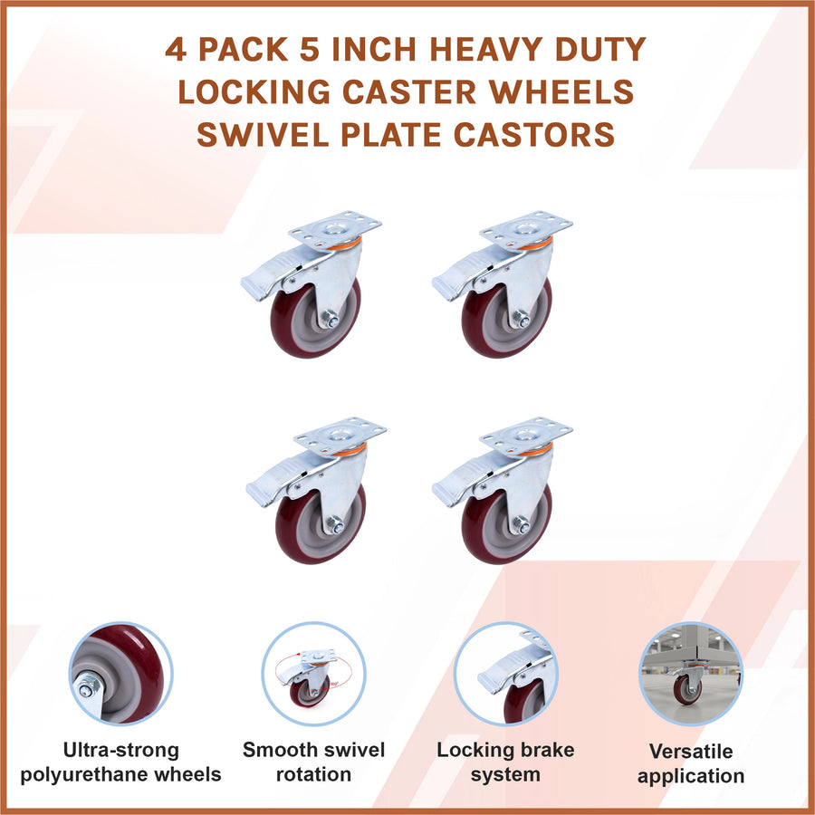 4 Pack 5 Inch Heavy Duty Locking Caster Wheels Swivel Plate Castors