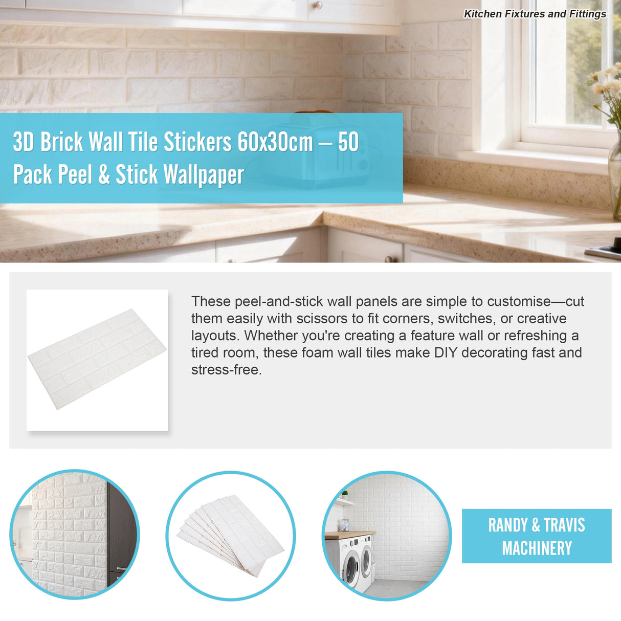 3D Brick Wall Tile Stickers 60x30cm &ndash; 50 Pack Peel & Stick Wallpaper