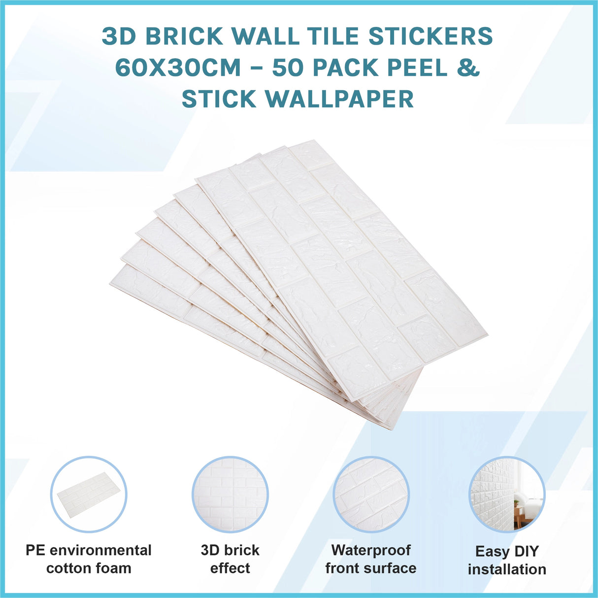 3D Brick Wall Tile Stickers 60x30cm &ndash; 50 Pack Peel & Stick Wallpaper