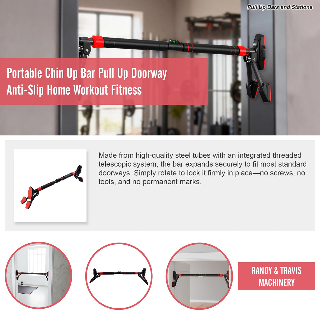 Portable Chin Up Bar Pull Up Doorway Anti-Slip Home Workout Fitness