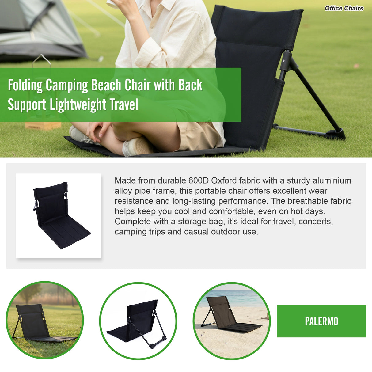 Folding Camping Beach Chair with Back Support Lightweight Travel