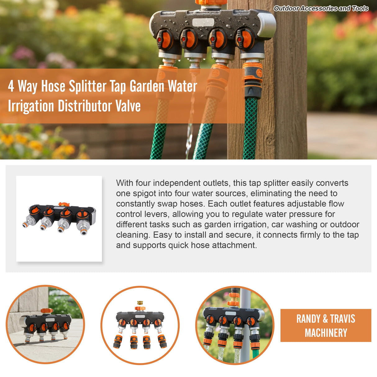 4 Way Hose Splitter Tap Garden Water Irrigation Distributor Valve