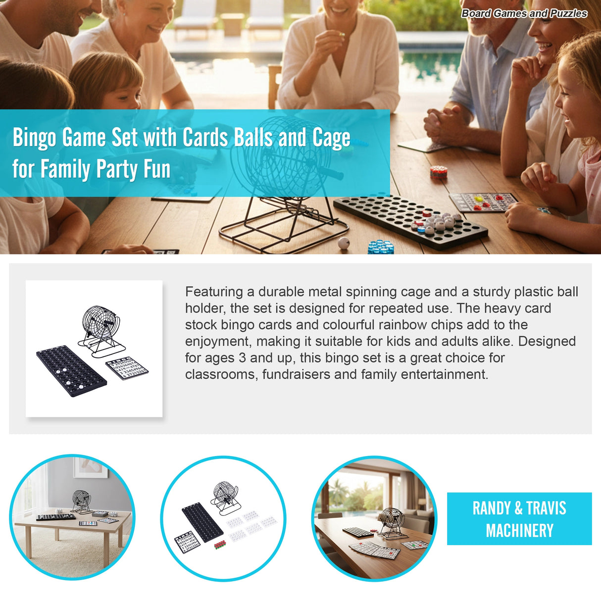 Bingo Game Set with Cards Balls and Cage for Family Party Fun