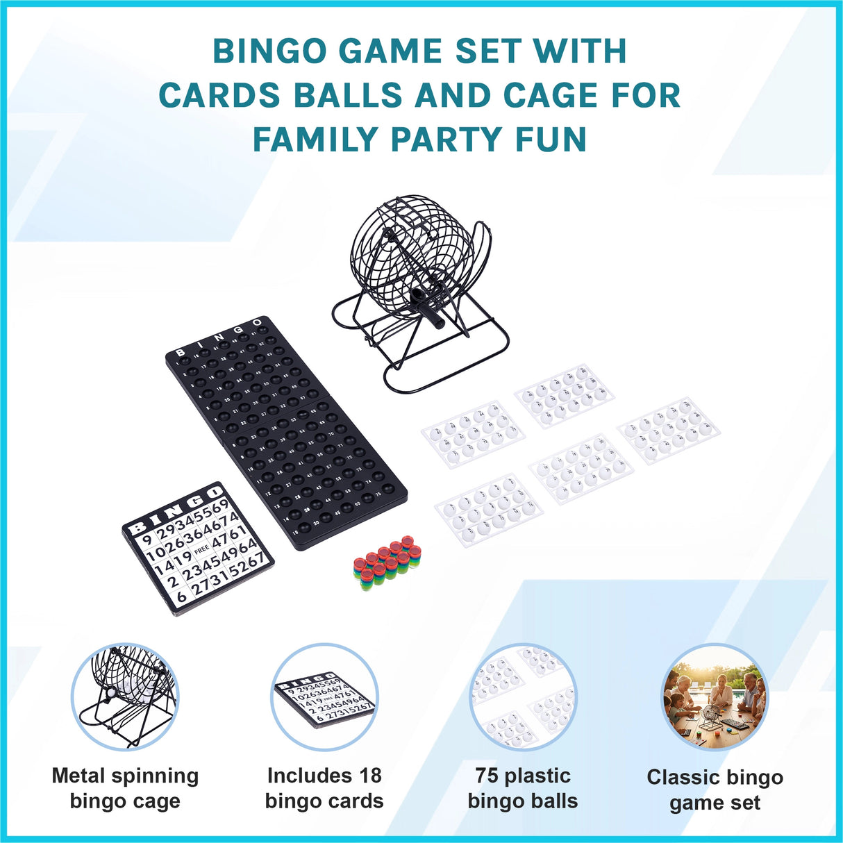 Bingo Game Set with Cards Balls and Cage for Family Party Fun