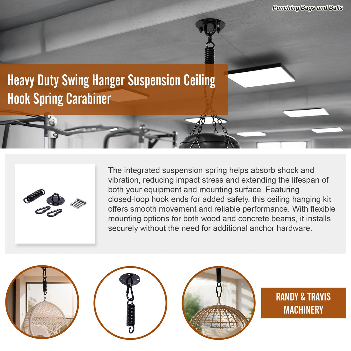 Heavy Duty Swing Hanger Suspension Ceiling Hook Spring Carabiner
