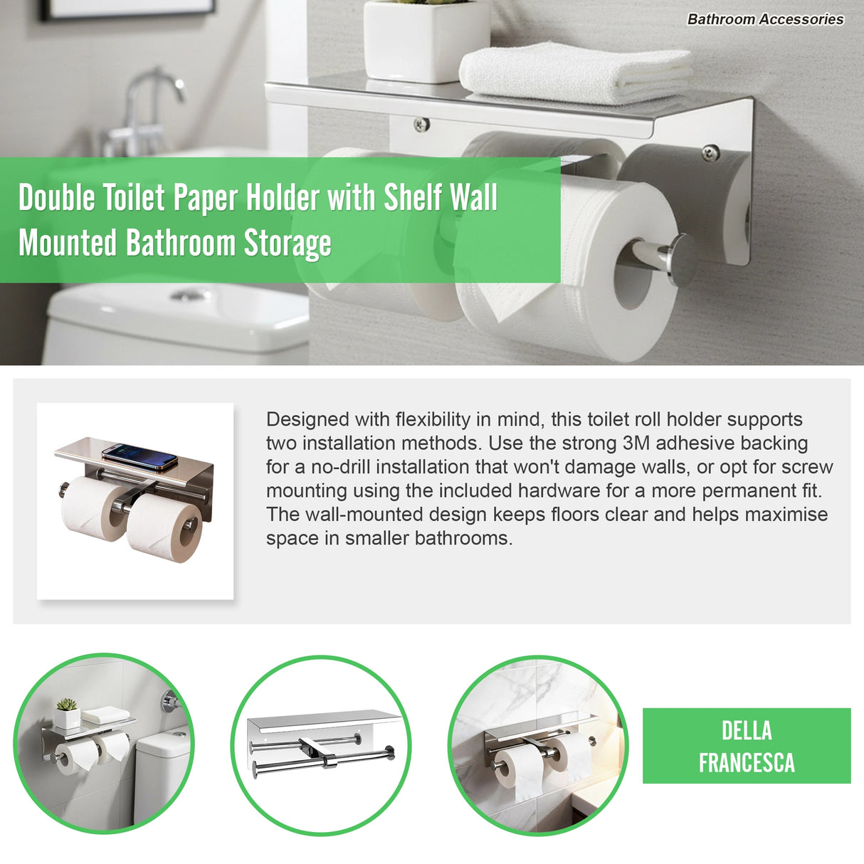 Double Toilet Paper Holder with Shelf Wall Mounted Bathroom Storage