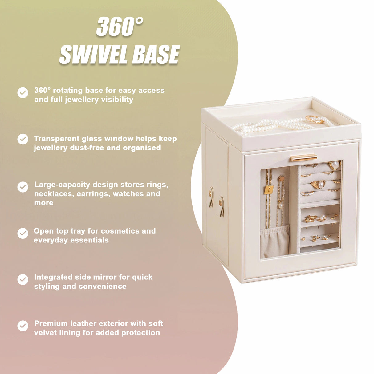 Rotating Organiser Box with Mirror Jewellery Storage for Dressing Table