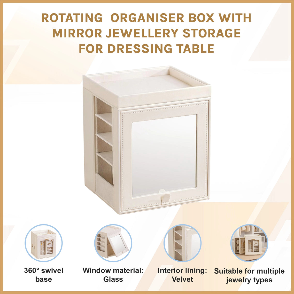 Rotating Organiser Box with Mirror Jewellery Storage for Dressing Table