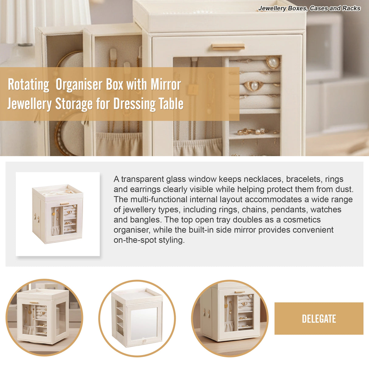 Rotating Organiser Box with Mirror Jewellery Storage for Dressing Table