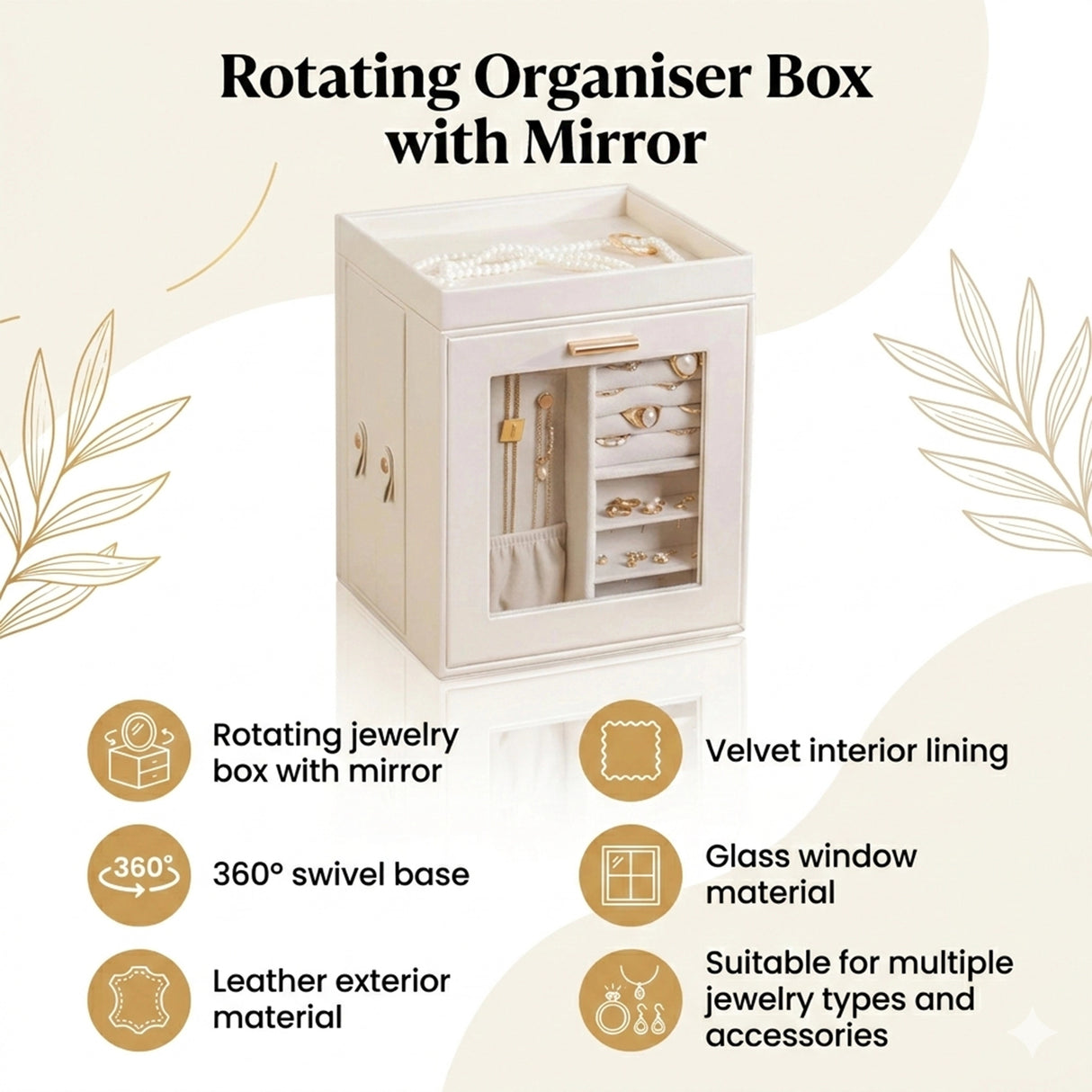 Rotating Organiser Box with Mirror Jewellery Storage for Dressing Table