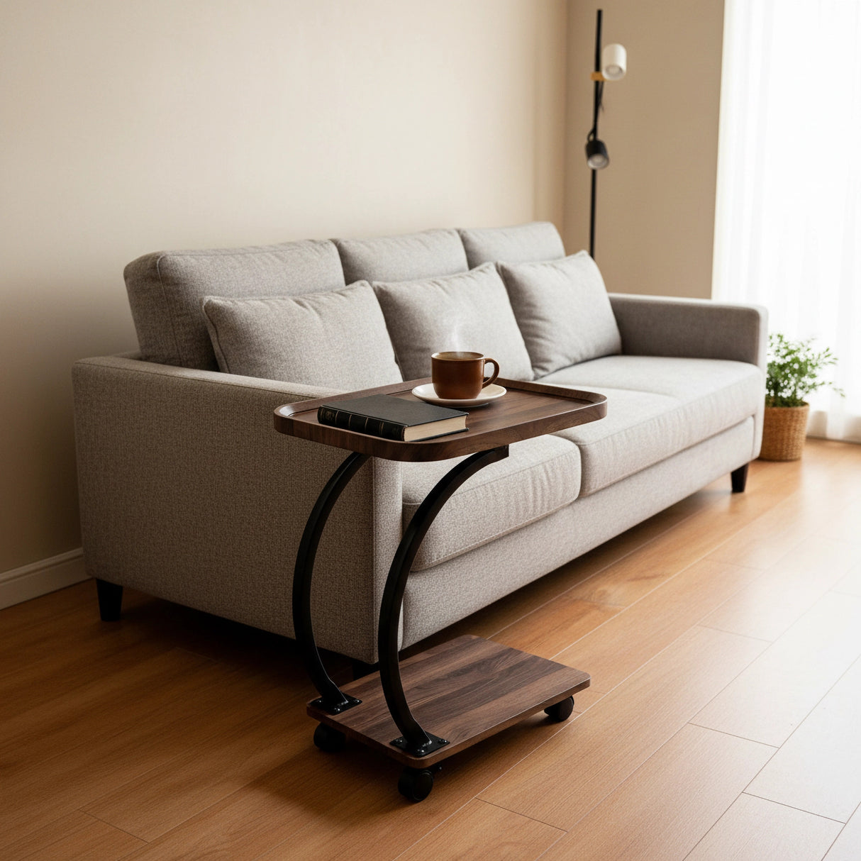 C-Shaped Corner End Table with Wheels Sofa Side
