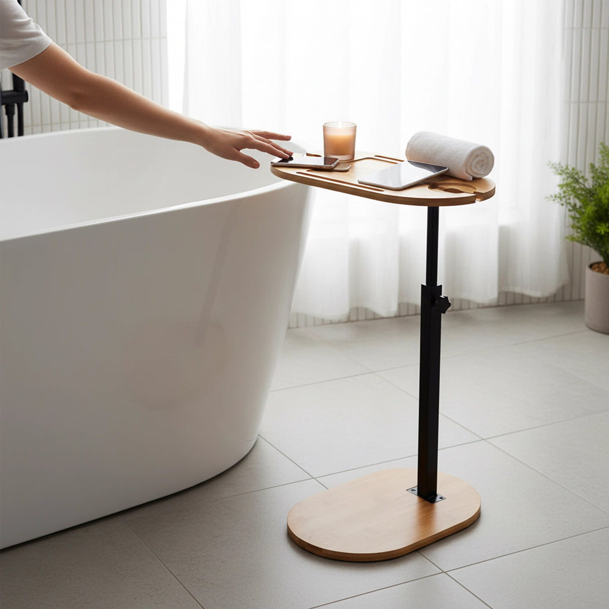 Natural Bamboo Bathtub Tray Table Adjustable Caddy